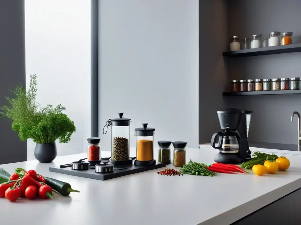 Cocina serena y moderna con especias coloridas, verduras frescas y cafetera espresso en un ambiente minimalista