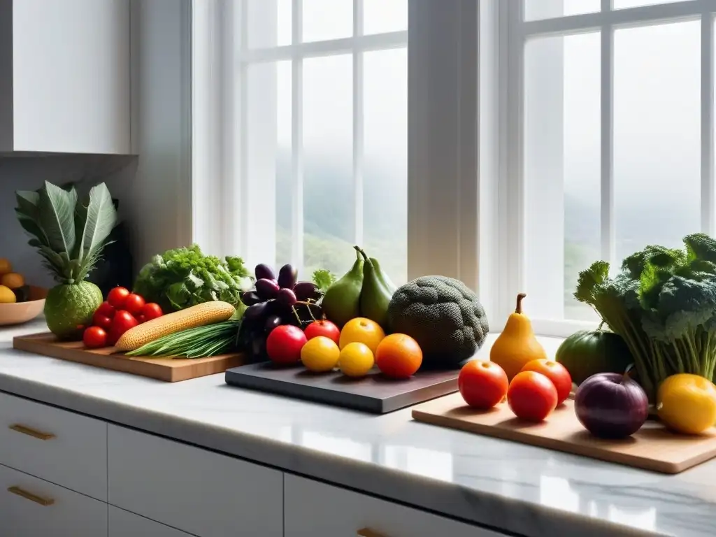 Una cocina serena y moderna con frutas y verduras coloridas en un elegante mostrador de mármol, rodeado de utensilios y un libro de cocina vegana