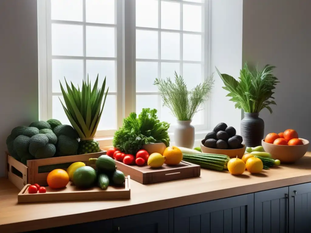 Un rincón de cocina sereno y moderno con una variedad de frutas y verduras vibrantes, en cajas de madera y recipientes de vidrio