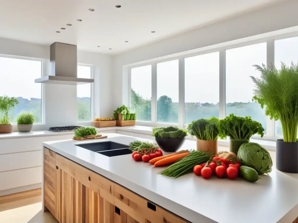 Una cocina sostenible y vibrante con isla de madera reciclada y vegetales frescos