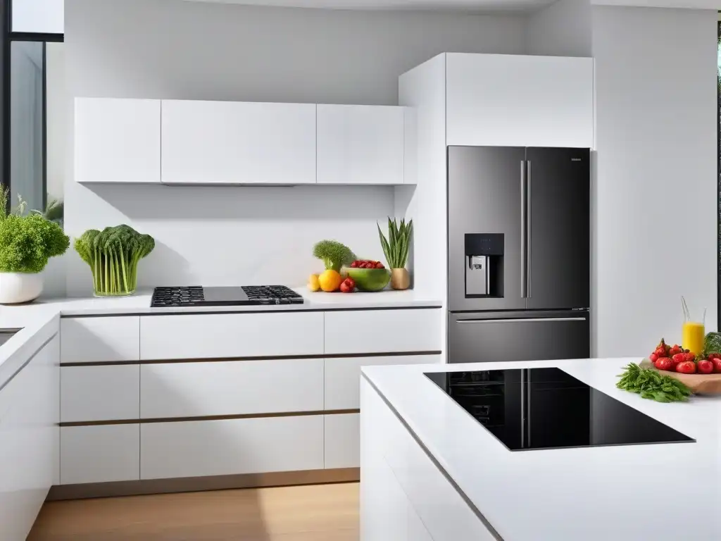 Cocina vegana ecofriendly con electrodomésticos de última generación Una cocina ultramoderna con electrodomésticos para cocina vegana de consumo eficiente, iluminada por luz natural