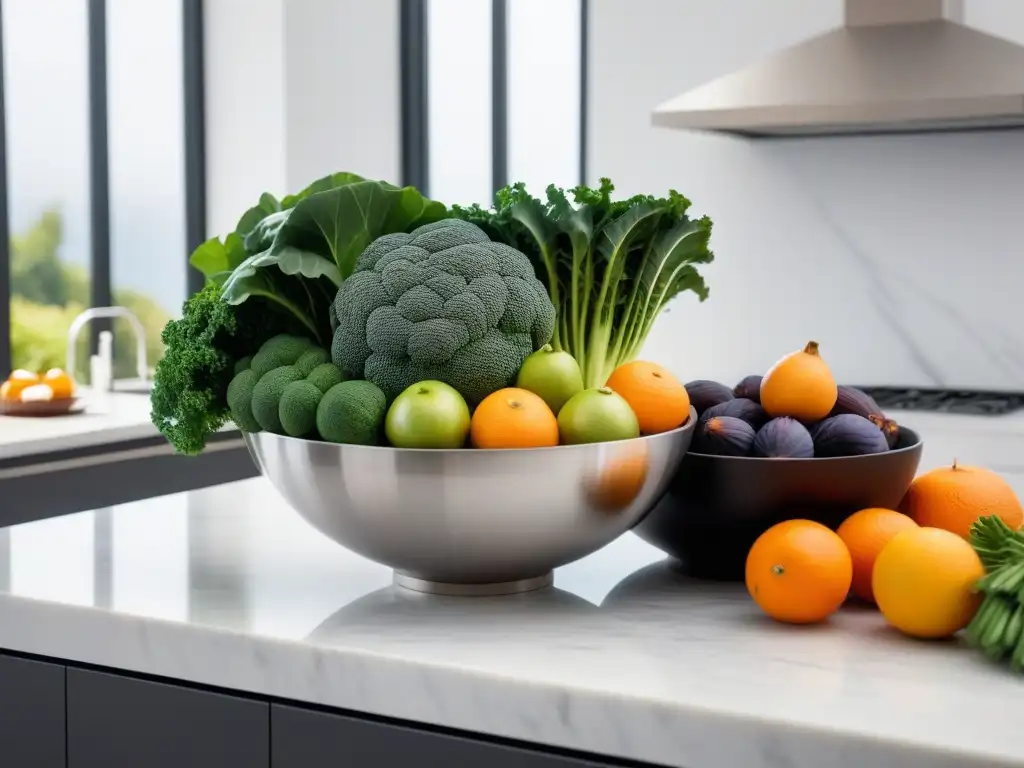 Vibrante cocina vegana: frutas y verduras ricas en calcio Una cocina ultramoderna con frutas y verduras ricas en calcio, junto a un libro de recetas veganas