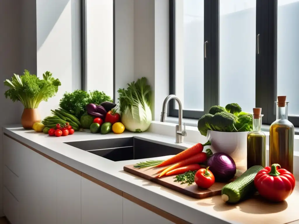 Una cocina vegana sin aceite rebosante de ingredientes frescos y coloridos, bañados por la luz natural