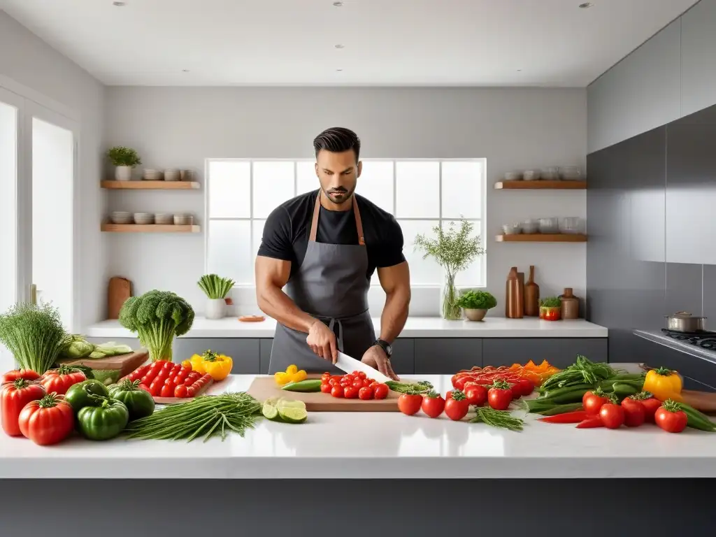 Cocina vegana sin aceite: Chef cortando vegetales frescos en una cocina vibrante y moderna