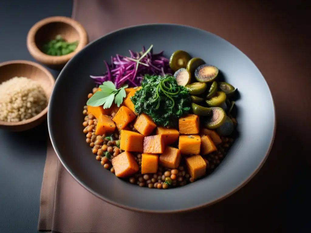 Una evolución de la cocina vegana africana: vibrante plato con batatas, quimbombó y lentejas en un bol tejido tradicional africano