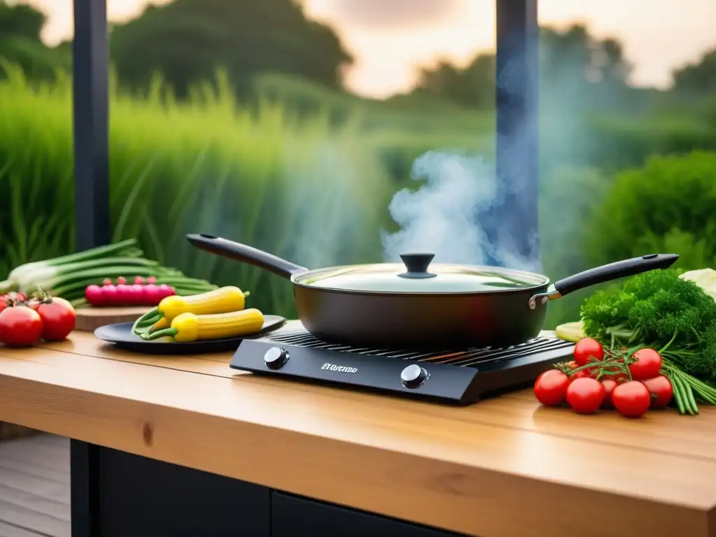 Una cocina vegana al aire libre con una parrilla y verduras sizzling, hierbas frescas y libros de cocina coloridos