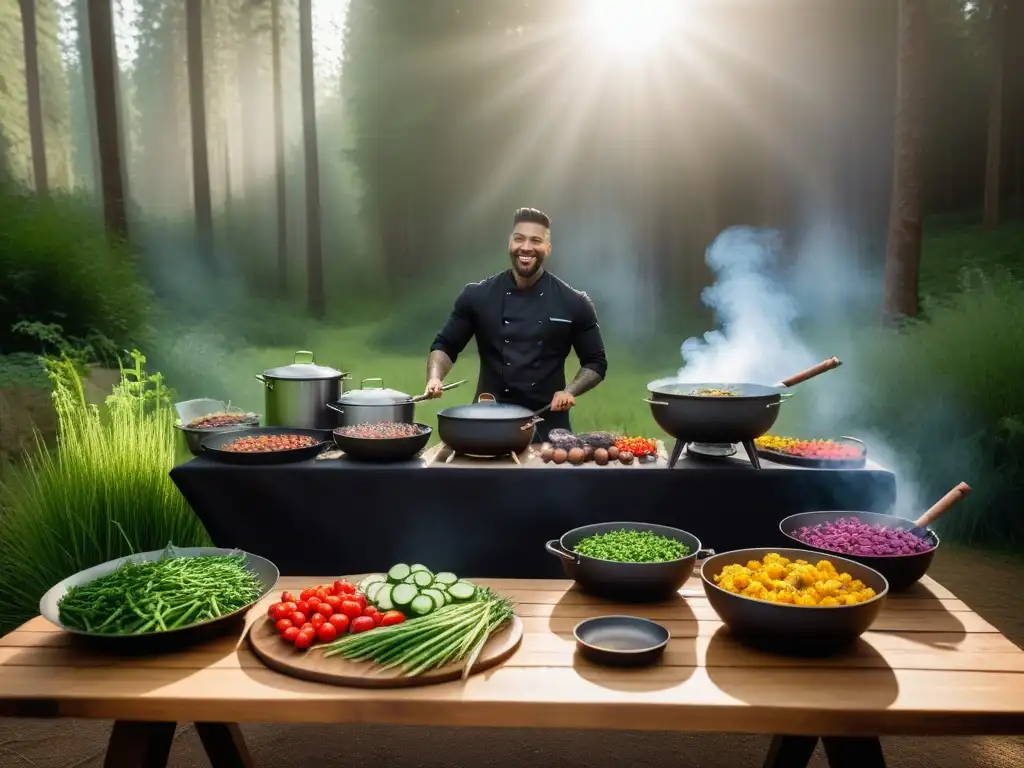 Cocina vegana al aire libre: ambiente moderno y vibrante en el bosque, amigos disfrutando de una experiencia culinaria única