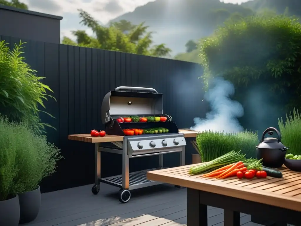 Cocina vegana al aire libre con vegetales coloridos en parrilla moderna, utensilios y verduras frescas en estación de preparación de madera