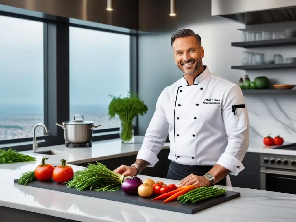 Una cocina vegana de autor lujo con chef preparando plato colorido y elegante