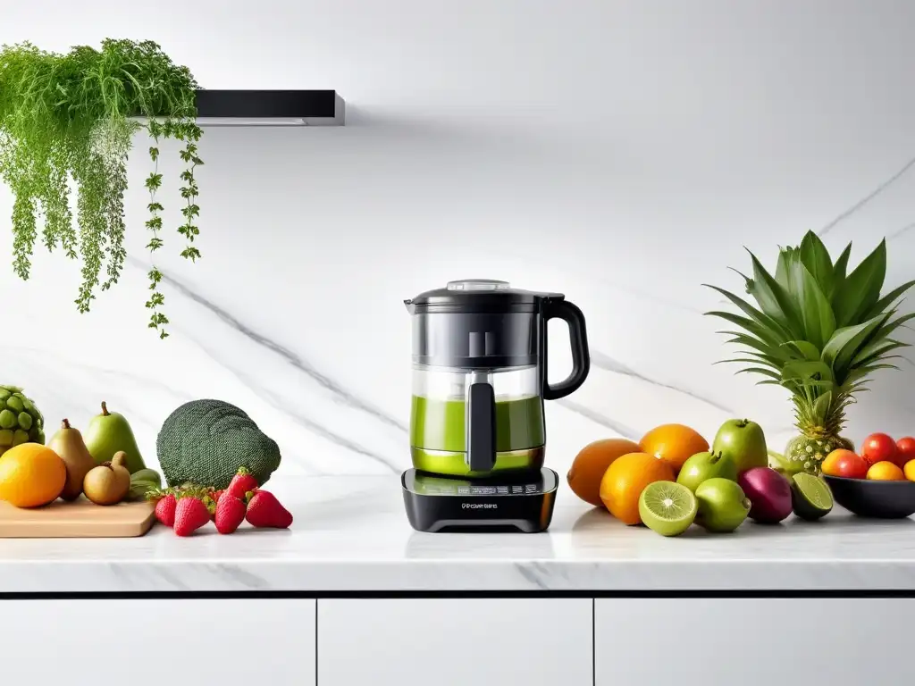 Cocina vegana moderna con electrodomésticos de vanguardia Cocina vegana en casa con electrodomésticos modernos y utensilios, rodeada de plantas y libros de cocina vegana