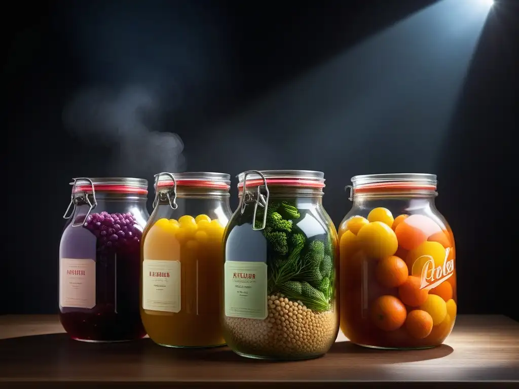 Fermentación en cocina vegana: Coloridas frutas y verduras fermentando en frascos de vidrio, con burbujas y texturas vibrantes