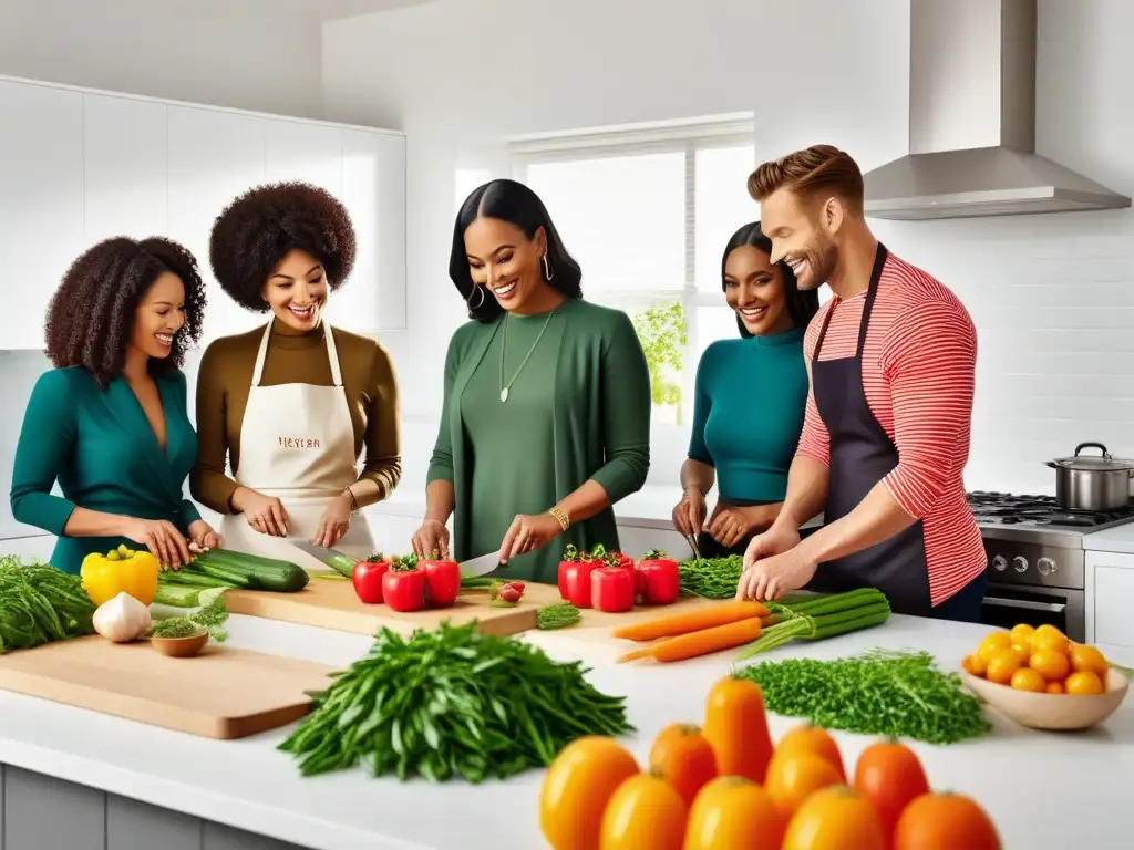 Cocina vegana en comunidad: grupo diverso disfruta cocinando juntos en una cocina moderna y luminosa