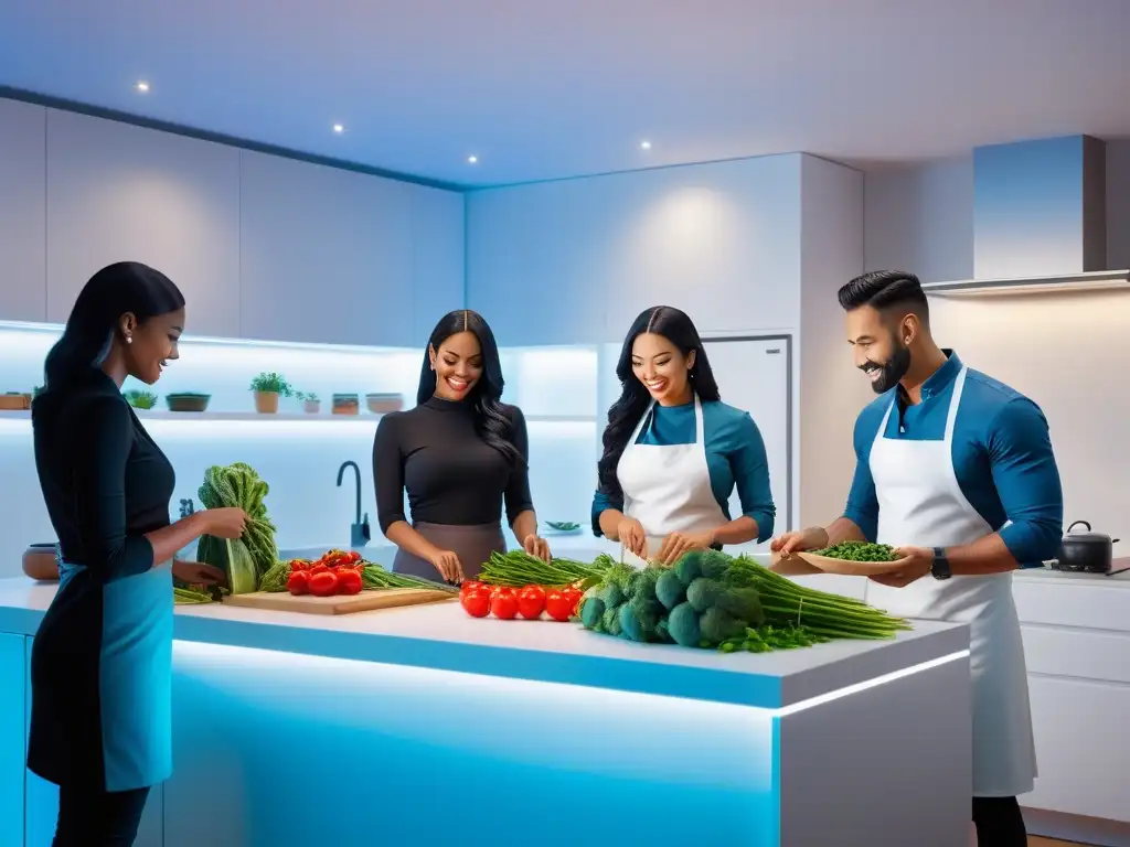 Cocina vegana en comunidades virtuales: Grupo diverso y apasionado cocinando juntos en una cocina virtual futurista