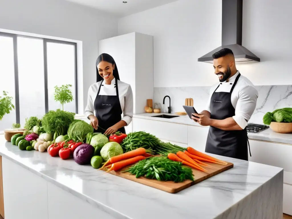 Cocina vegana en comunidades virtuales: escena vibrante con ingredientes frescos y personas compartiendo recetas online en una cocina moderna