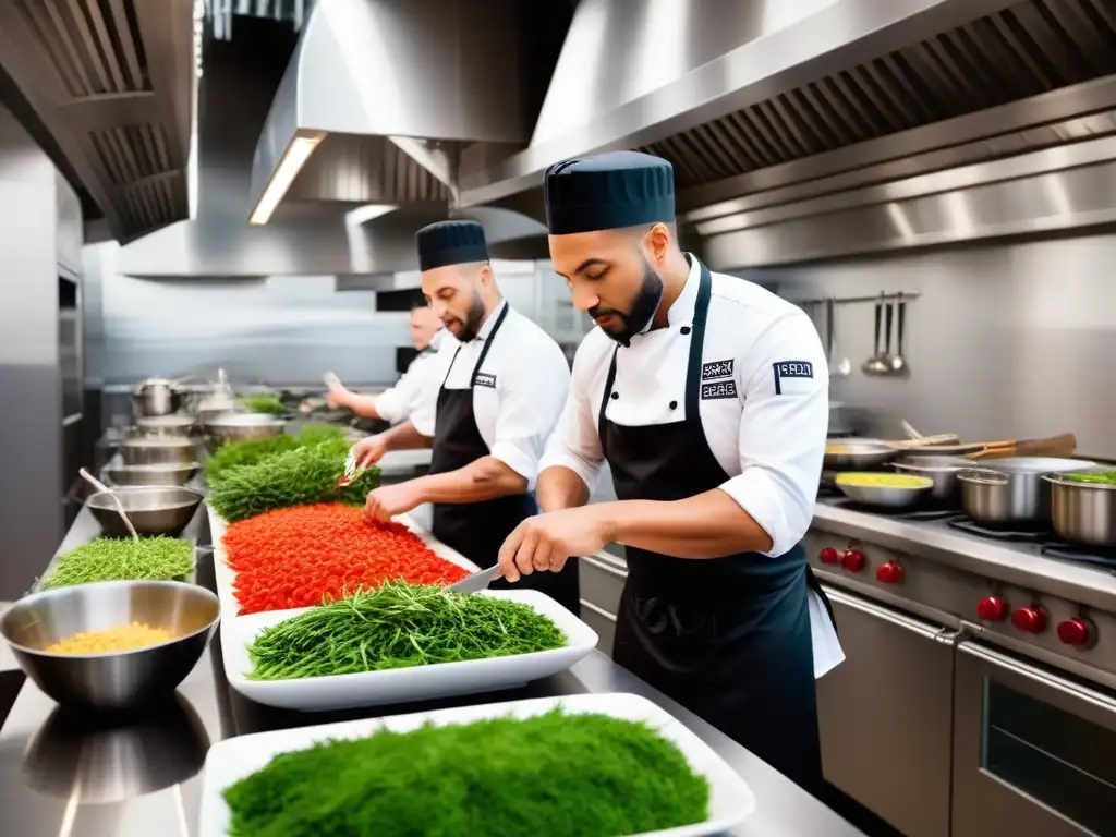 Cocina vegana fusión culinaria mundial: chefs preparando platos innovadores con pasión en un ambiente moderno y vibrante