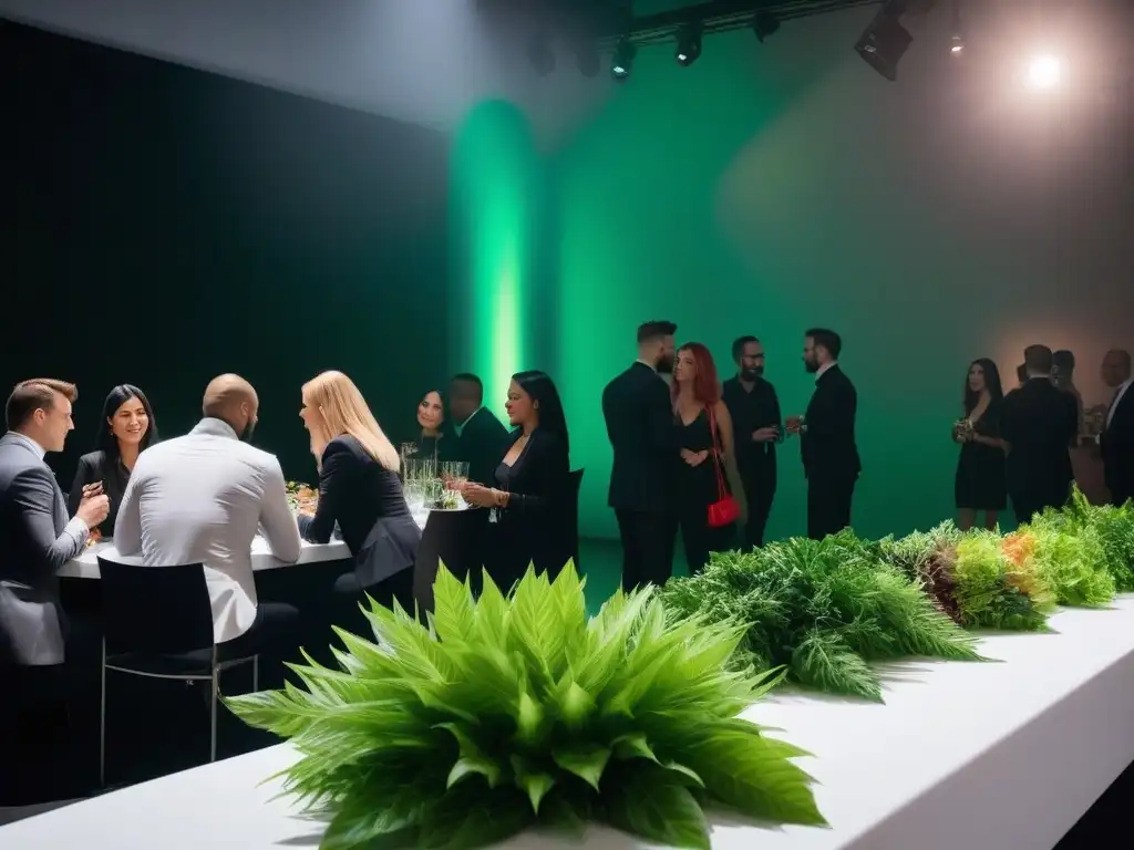 Networking en cocina vegana: Emprendedores intercambian ideas y tarjetas en evento vibrante y moderno, rodeados de vegetación y luces