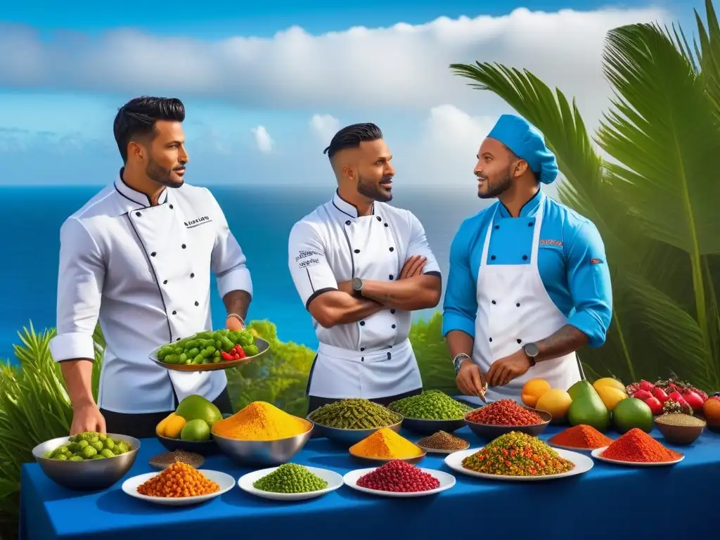 Cocina vegana estilo caribeño: Chefs preparando platos coloridos con alegría, especias exóticas y frutas tropicales, fondo de naturaleza y mar