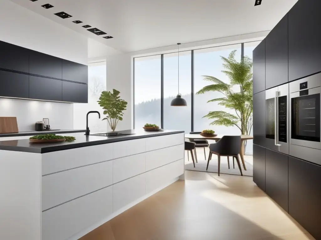 Cocina futurista 8k con electrodomésticos ecoeficientes y alta tecnología Una cocina vegana futurista con electrodomésticos de consumo eficiente y diseño sostenible
