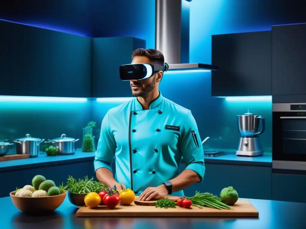 Cocina vegana futurista con hologramas de ingredientes en AR