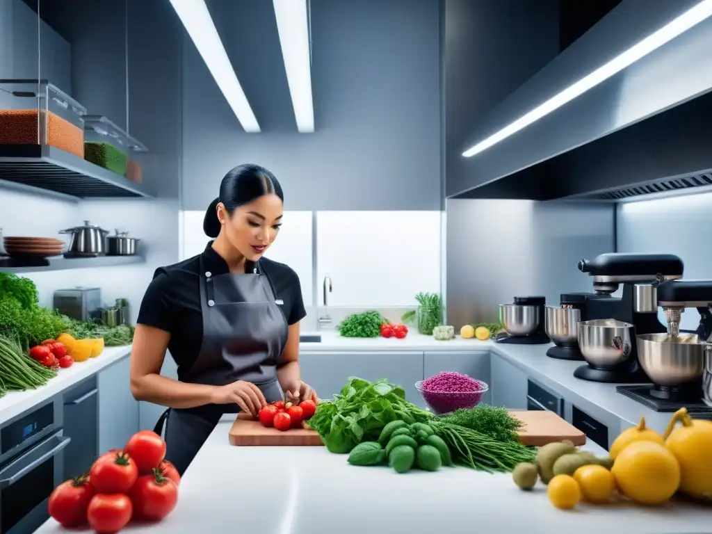 Cocina vegana futurista con inteligencia artificial y chefs colaborando en un ambiente innovador