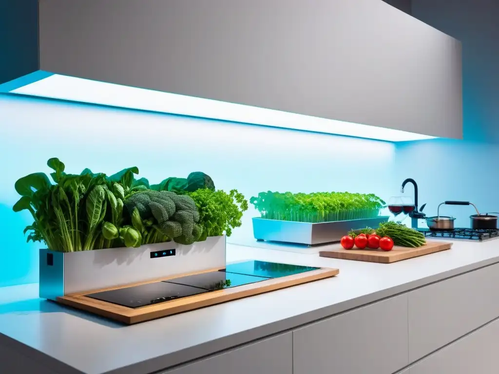 Cocina vegana futurista con tecnología sostenible y diseño minimalista, iluminada por luces LED brillantes