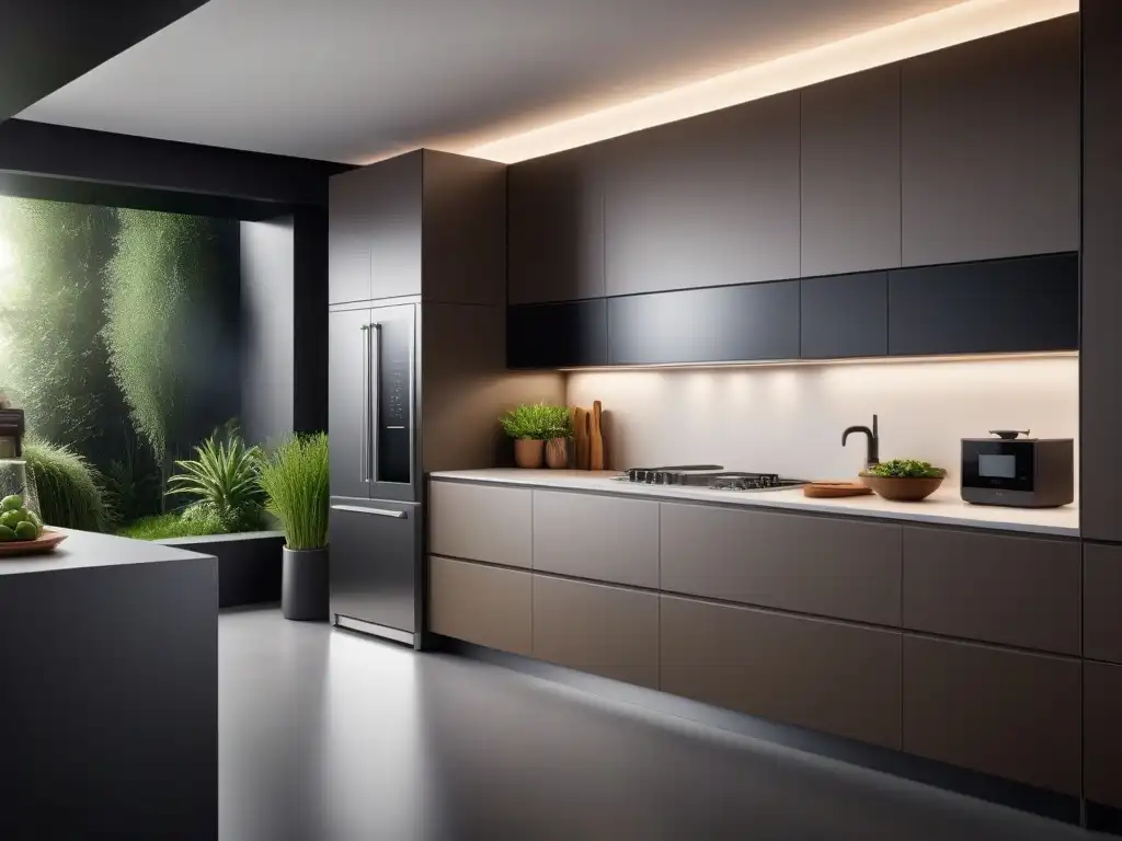 Cocina futurista para cocina vegana sostenible Cocina vegana futurista con tecnología sostenible y diseño minimalista en tonos terrosos y acentos metálicos