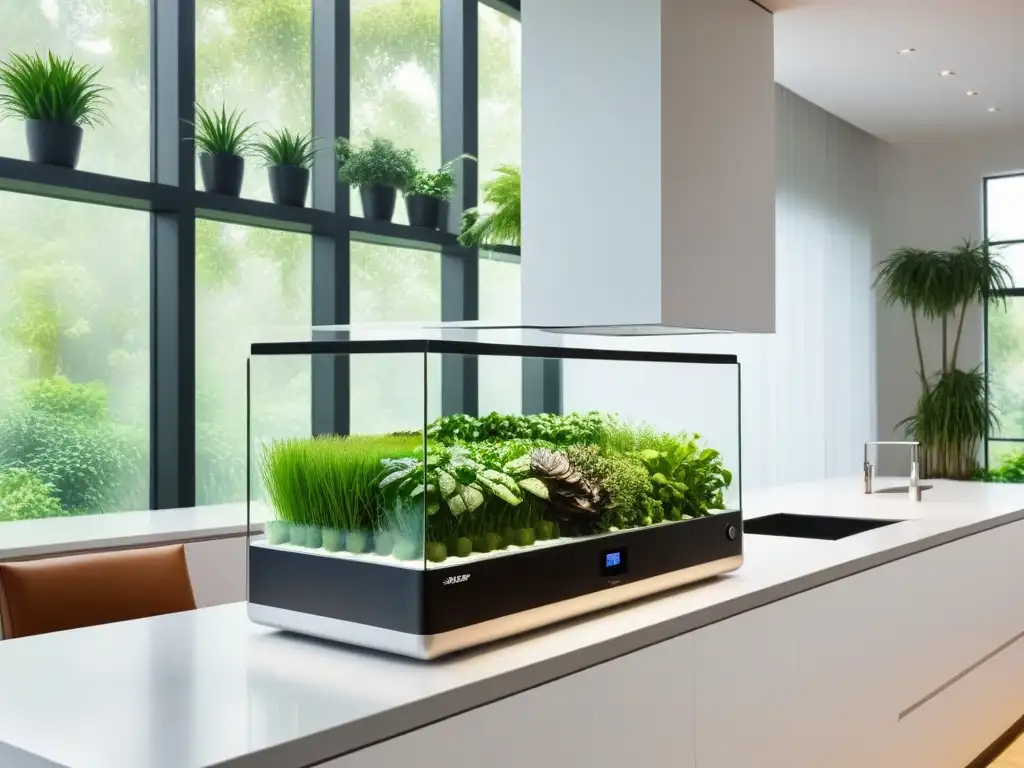 Una cocina vegana futurista con tecnologías sostenibles como jardín vertical inteligente, compostaje autoregulado y sintetizador de proteínas vegetales de alta tecnología, iluminada por suave luz natural y vistas a un jardín verde exuberante