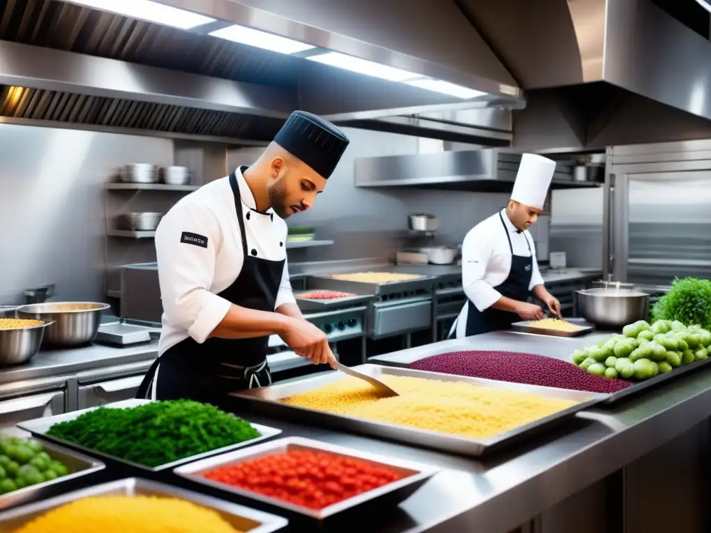 Una cocina vegana gourmet a nivel mundial, llena de actividad y sofisticación, con chefs preparando exquisitos platillos