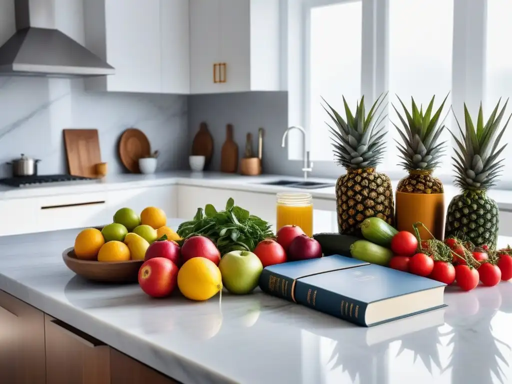 Cocina vegana e impacto ambiental: isla minimalista de mármol con frutas frescas, utensilios de cocina y libros, iluminada por el sol