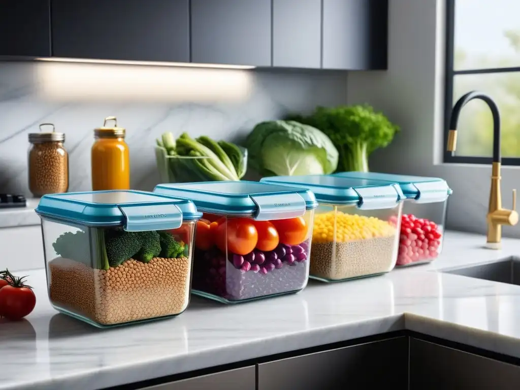 Un rincón de cocina vegana con ingredientes frescos y coloridos organizados en tarros de cristal sobre una encimera de mármol, iluminados por el sol