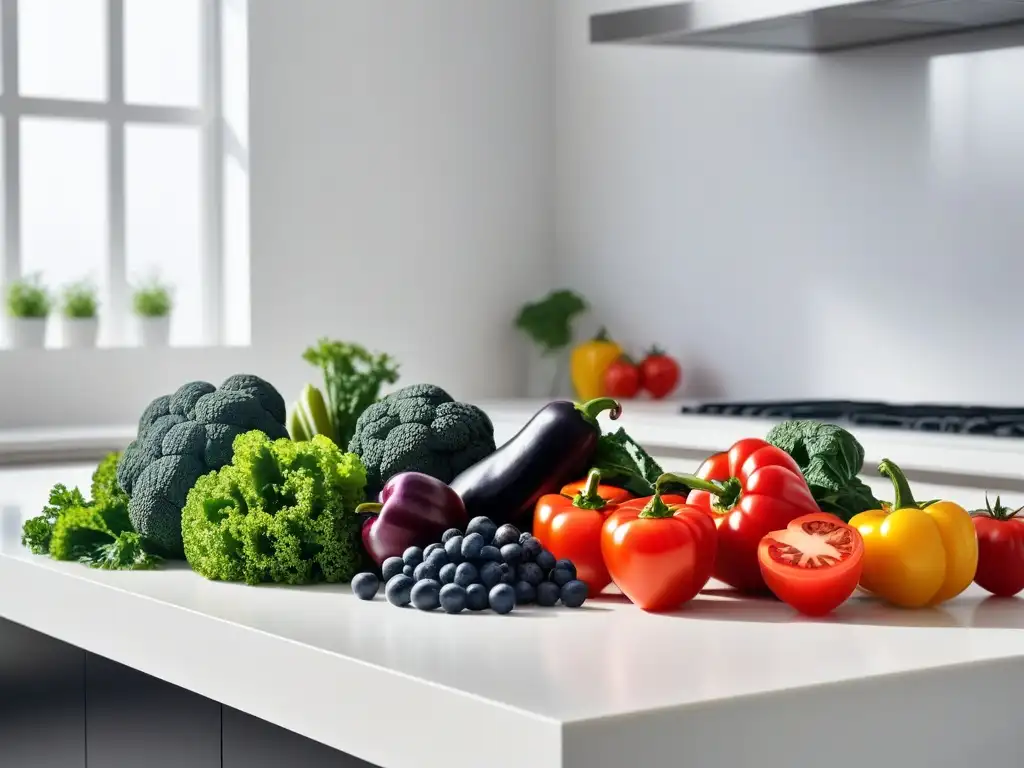 Una cocina vegana llena de antioxidantes: frutas y verduras vibrantes en un diseño minimalista