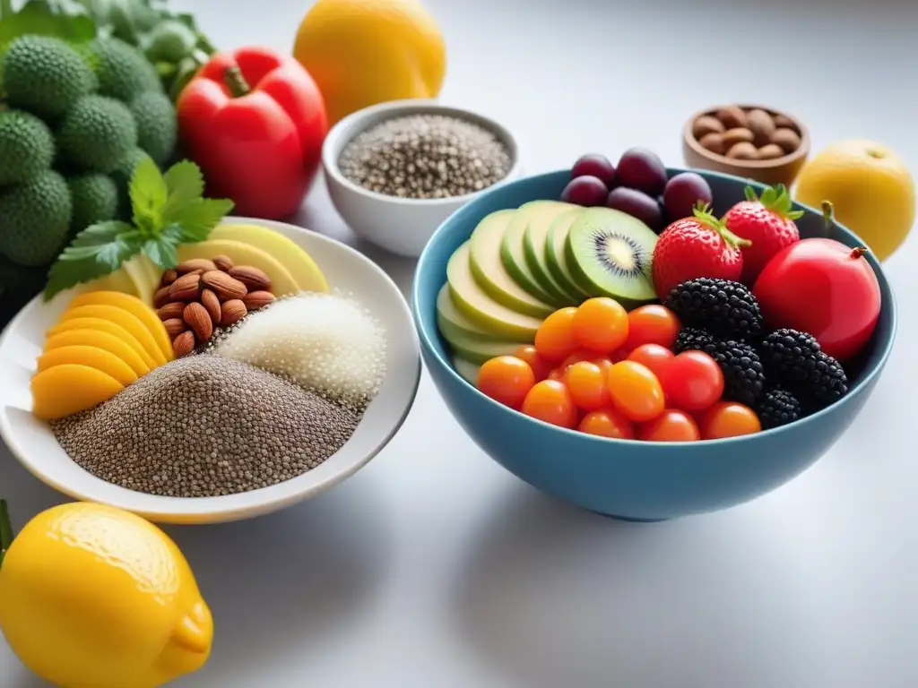 Cocina vegana llena de beneficios: semillas chía, frutas frescas y nueces, en un vibrante mostrador