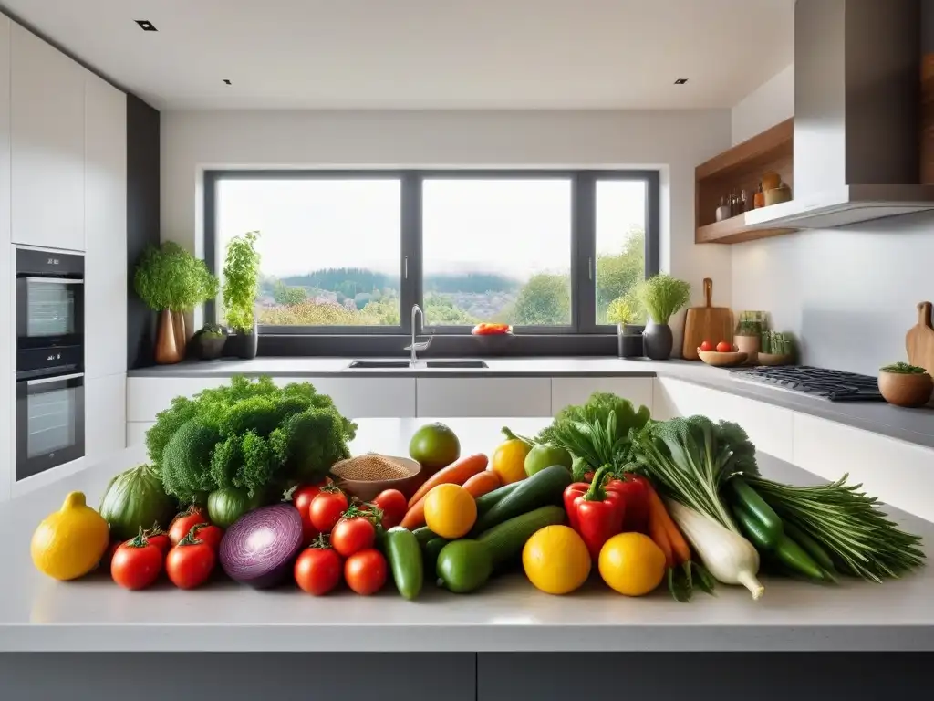 Un cocina vegana llena de color, con ingredientes frescos y utensilios modernos