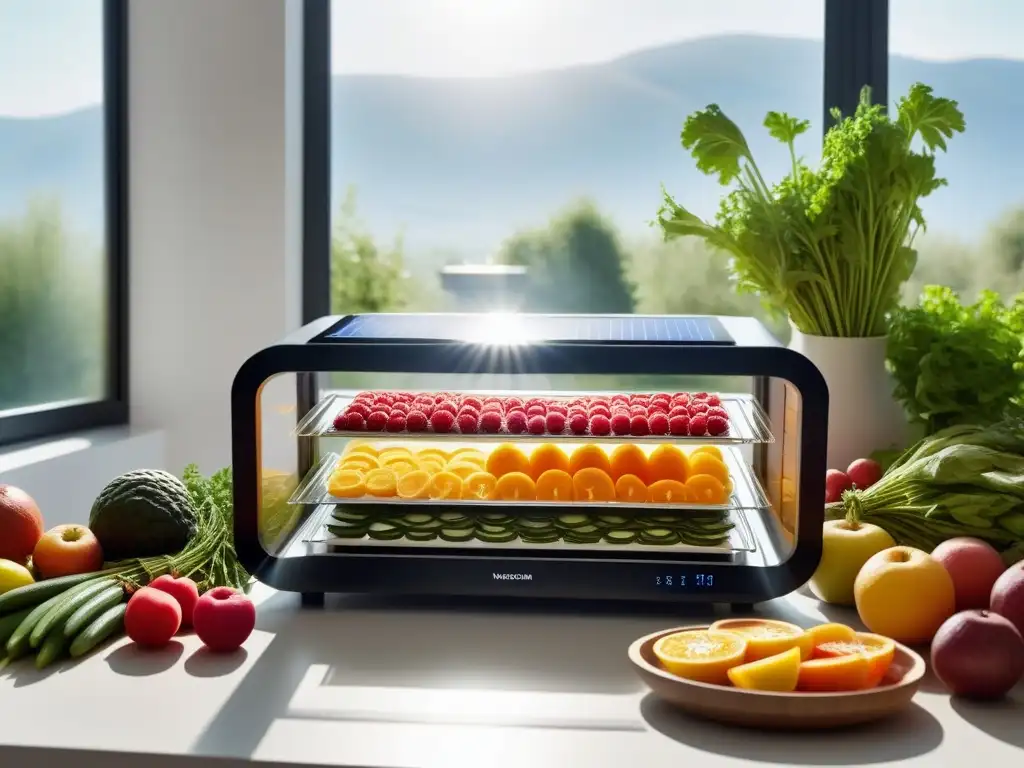 Una cocina vegana llena de sabores, destacando el secado solar de frutas, verduras y hierbas bajo el sol