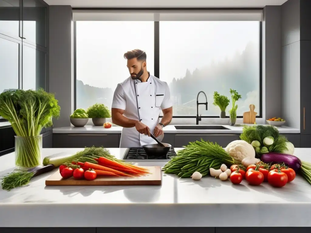 Una cocina vegana llena de vida, con chef cortando verduras