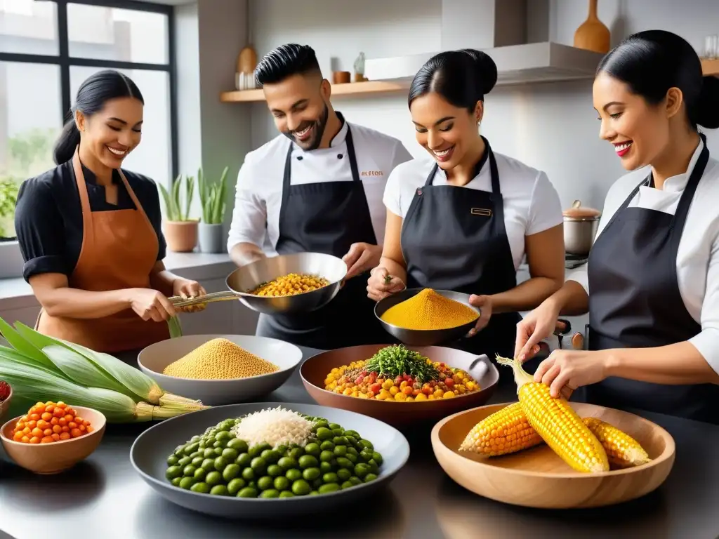 Una cocina vegana llena de vida, donde chefs preparan recetas veganas con maíz autóctono, en armonía y creatividad