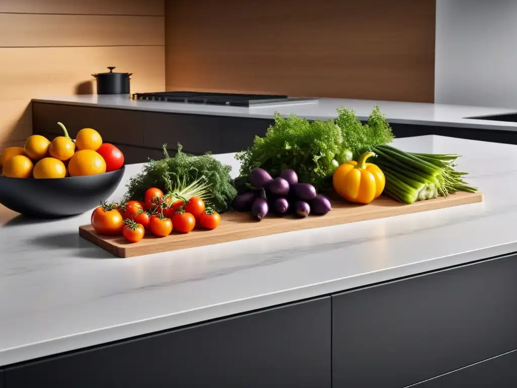 Cocina vegana minimalista con frutas y verduras frescas en recipientes ecológicos
