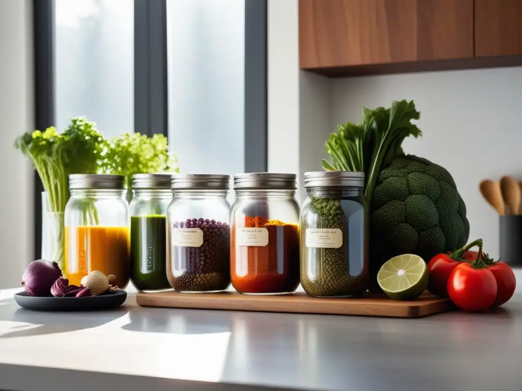 Cocina vegana minimalista con ingredientes frescos y organizados