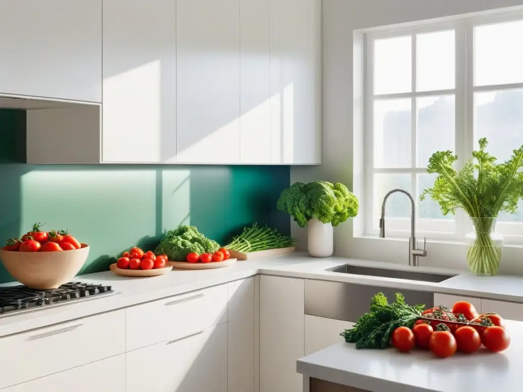 Cocina vegana minimalista: luz natural ilumina verduras frescas en un espacio organizado y tranquilo