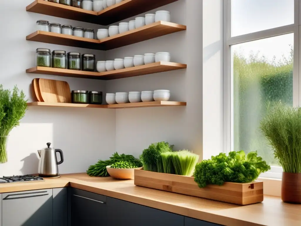 Cocina vegana minimalista con materiales sostenibles y abundante luz natural