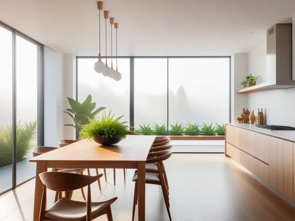 Cocina vegana minimalista con mesa de madera y decoración verde en un espacio luminoso y ordenado