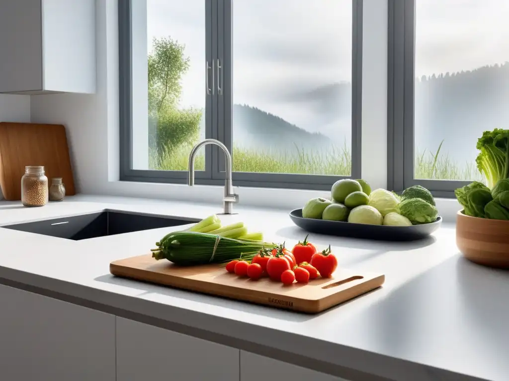 Una cocina vegana minimalista y organizada, con utensilios ecofriendly y alimentos frescos