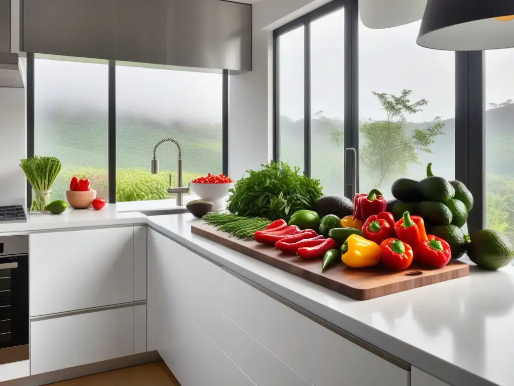 Cocina vegana minimalista y sencilla con verduras frescas y utensilios de cocina contemporáneos