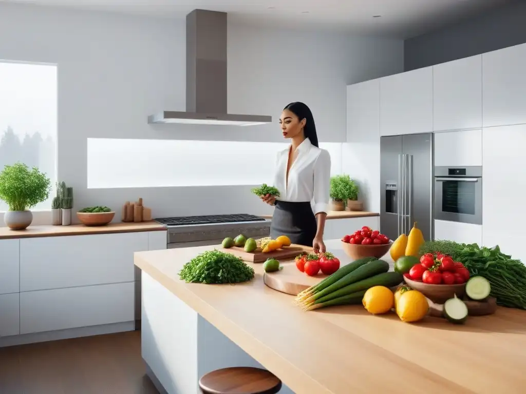 Una cocina vegana minimalista y sencilla bañada por luz natural, con ingredientes frescos y coloridos en una mesa de madera