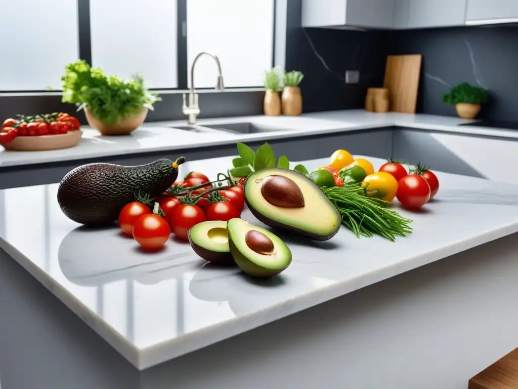 Una cocina vegana moderna con aguacates en diferentes estados de maduración y vegetales frescos