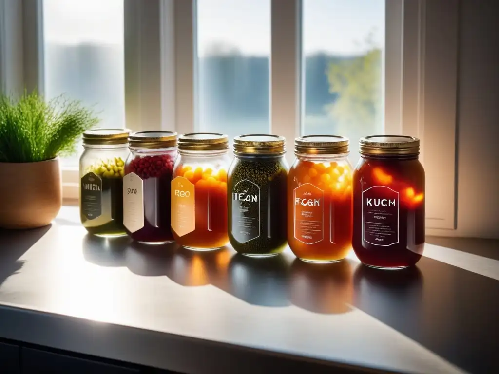 Una cocina vegana moderna con fermentación en cocina vegana en tarros de vidrio, iluminada por el sol