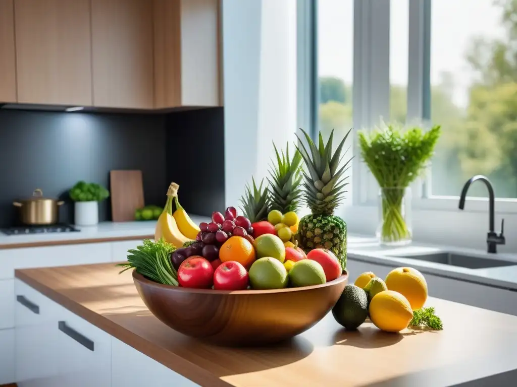 Cocina vegana transformación: Cocina moderna con frutas y verduras coloridas en un bol de madera, bañada por luz cálida