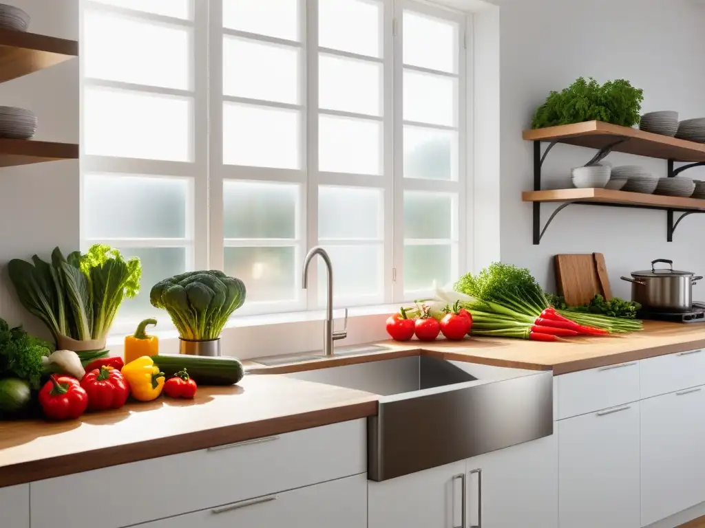 Una cocina vegana moderna y tradicional con electrodomésticos de acero inoxidable, encimeras de madera y verduras frescas coloridas