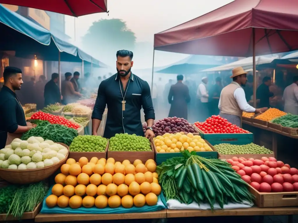 Mercado de alimentos vibrante y diverso: exploración culinaria global Explorando cocina vegana mundial en un bullicioso mercado al aire libre, repleto de colores y sabores exóticos