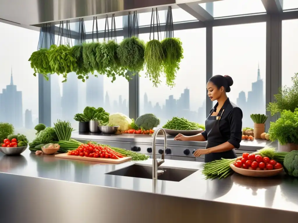 Cocina ultramoderna con chef cortando verduras Explorando cocina vegana mundial en una cocina ultramoderna con vegetales coloridos y plantas vibrantes